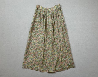 1980's, rayon, pleated skirt in beige with pale pink, yellow, mint and khaki, floral print