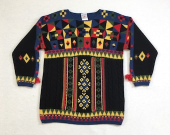 1980's, wool blend, sweater, in black, with red, blue, yellow and olive, geometric design, by Mondi