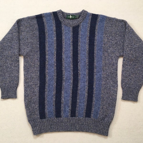 1990's, Shetland Wool, sweater in heathered blue with light and dark blue stripes