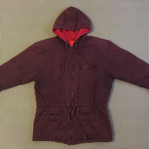1990&#39;s, quilted, jersey knit, drawstring waist, hooded parka, in eggplant and raspberry, by Liz & Co, Women&#39;s size Medium