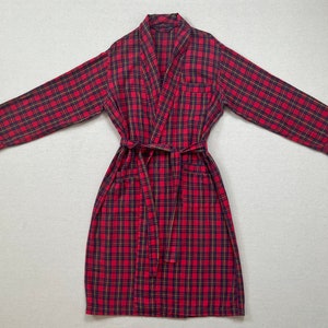 1980er Jahre, Baumwolle, Flanell, Schalkragen Robe in rot, blau und gelb kariert