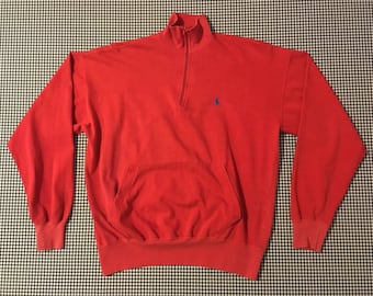 1980's, zip, mock turtleneck, pullover, in red, by Ralph Lauren, Men's size Small/XS, Women's size Medium