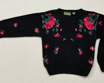ALBA ROSA - black embroidery knit vintage ヴィンテージ ニット 1990's, Ramie/cotton Blend, Sweater in Black With Flowers in