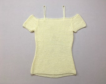 1980's, hand crocheted, off the shoulder, short sleeve, tunic sweater, in ultra pale yellow