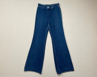 1970's, flare leg jeans with fabric trimmed, button tab, back pockets by Faded Glory