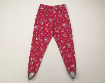 1980's, jersey knit, stirrup pants, in fuchsia with pink, orange, yellow, white and green, floral print