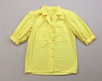 1980's, short sleeve, button up, collar shirt, in pale yellow