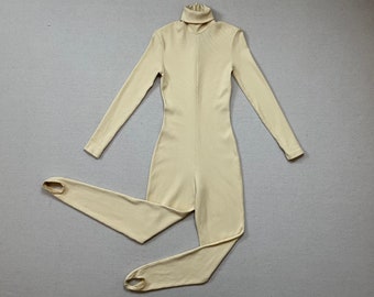 1980's, rib knit, turtlneck, stirrup, bodysuit in cream