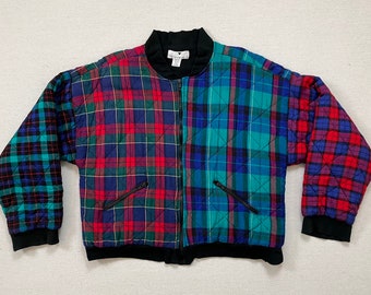 1990's, quilted, flannel, bomber jacket in multi-color plaids