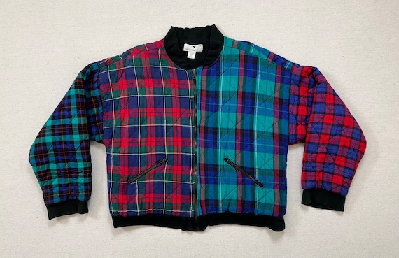 1990's, quilted, flannel, bomber jacket in multi-… - image 1