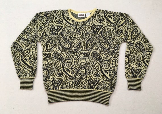 1980's, sweater in pale yellow and black, paisley… - image 1