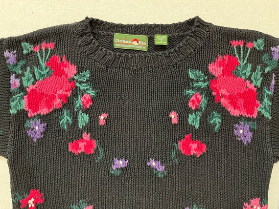 1990's, Ramie/cotton Blend, Sweater in Black With Flowers in