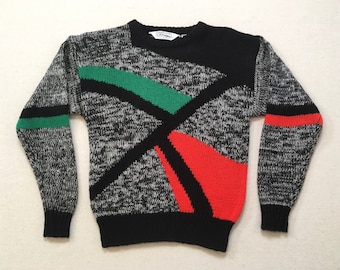 1990's, sweater, in heathered black and white, with red, black and green, geometric design