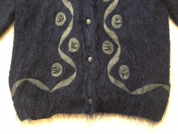1980's, fuzzy, cardigan jacket, with leather trim… - image 5