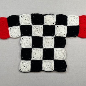 1980&#39;s, hand crocheted, half sleeve, afghan square sweater in black and white with red