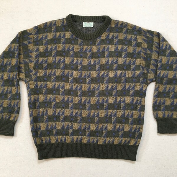 1980's, sweater, in olive, khaki, and indigo, geometric design, by Benetton