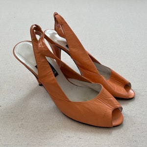 1990&#39;s, Italian leather, peep toe, sling back heels in peach by Anne Klein, Women&#39;s size 8M