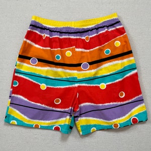 1980&#39;s, beach shorts in red, orange, yellow, aqua, purple, black and white, stripes and polka dots