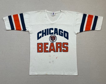 1980's, Chicago Bears, half sleeve, jersey style, tee in white with blue and orange by Logo 7