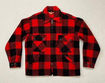 1970's, wool, zip front, shirt-jacket in red and black, buffalo plaid