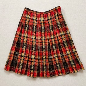 1970&#39;s, woven wool, pleated skirt in red, burnt orange, pale yellow and espresso bean plaid