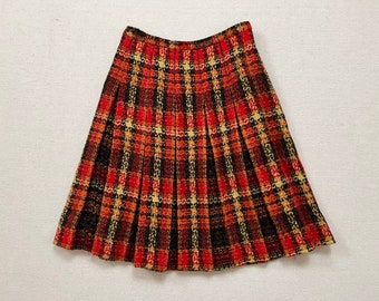 1970's, woven wool, pleated skirt in red, burnt orange, pale yellow and espresso bean plaid