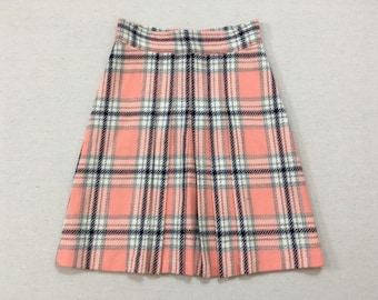 1960's, box pleat skirt, in pale salmon, navy, gray and white plaid