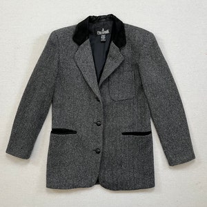 1990&#39;s, mezcla de lana, ribete de ante, blazer de espiga en negro y gris