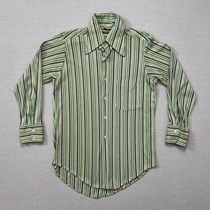 1970&#39;s, silky, long collar, button up in black, white, yellows and greens, zig zag stripes