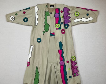 1980's, cotton, long canvas, jacket with abstract shapes and matching tank dress with abstract shape belt