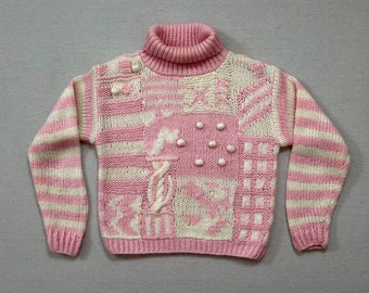 1980's, turtleneck sweater in pink and ivory mixed design