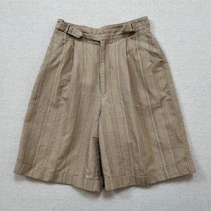1980&#39;s, high waist, pleated front, buckle waist shorts in beige with tan, blue, yellow, green and red, pinstripes