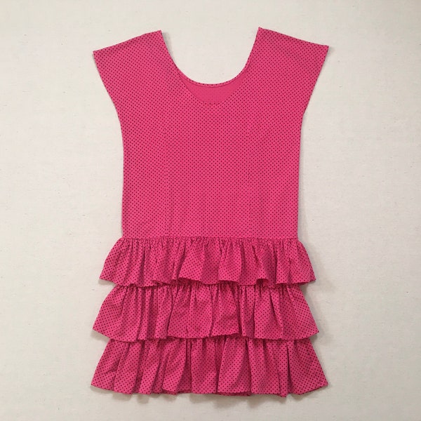 1980's, jersey knit, scoop neck, scoop back, cap sleeve, dropped waist, ruffle layer, mini-dress, in hot pink with black polka dots