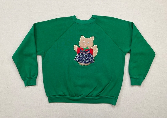 1980's, sweatshirt in green, with puffy cat in bl… - image 1