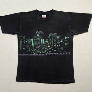 1990&#39;s, cotton, UTAH tee in black with lime green and lavender