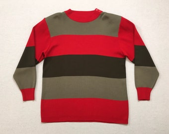 1990's, wool blend, button neck, tunic sweater, in khaki, red and dark olive stripes, by Schrader Knit