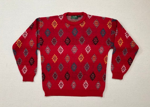 1980's, wool blend, sweater in ruby red with blac… - image 1