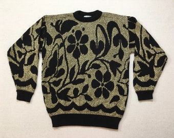 1980's, tunic sweater, in black and metallic gold, floral design