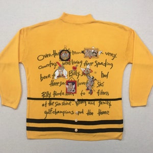 1990&#39;s, thin knit, oversized, mockneck, patch sweater, in yellow with black, red, gray, brown and blue