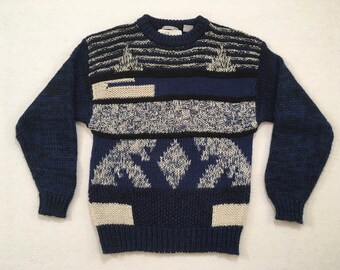 1990's, sweater, in dusty blue, with black, white and gray design
