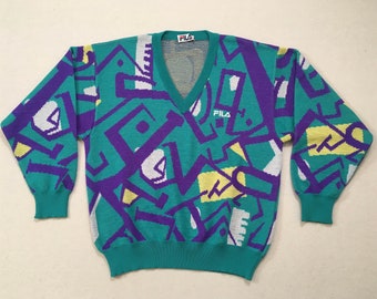 1980's, Italian, wool blend, V-neck, sweater in turquoise with purple, yellow and off white, abstract design, by Fila