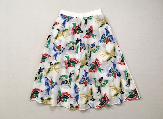 1980's, silky rayon skirt, in white with colorful… - image 1