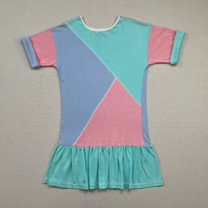 1980&#39;s, jersey knit, dropped waist, t-shirt dress in seafoam green, peach and periwinkle