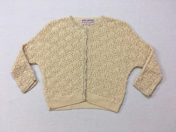 1950's, beaded, wool, 3/4 sleeve, cardigan, in cre