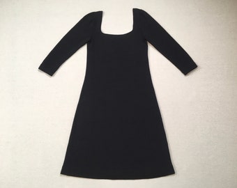 1980's, scoop neck, scoop back, 3/4 sleeve, knit, A-line dress, in black