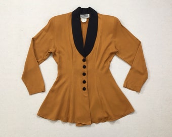 1990's, rayon, shawl collar, tailored waist, blazer, in spicy mustard with black trim