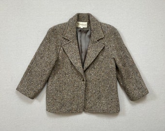 2000's, wool, 3/4 sleeve jacket in beige-gray with flecks of mustard, cream brown and beige, by John Meyer