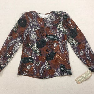1990&#39;s, rayon, ruffle collar, button up blouse, in dark lavender, tan, white and dark teal, paisley print