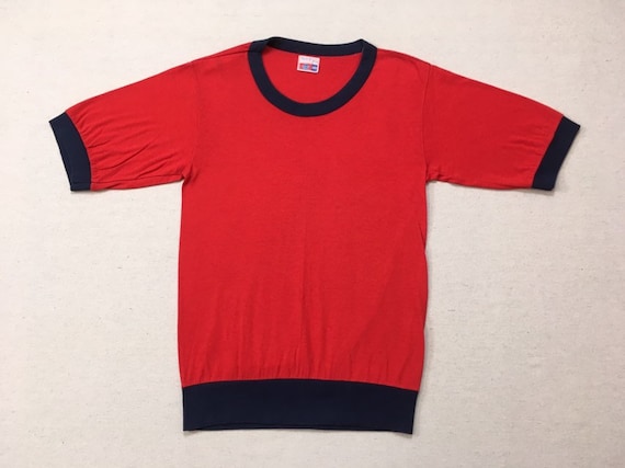 1970's, Long Cut, Banded Waist, Banded Cuff, Tshirt, in Red, With Navy Trim  -  Canada