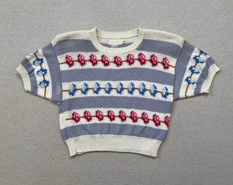 1980's, cotton, cropped, short sleeve sweater in white with pale lavender stripes and blue and pink flowers